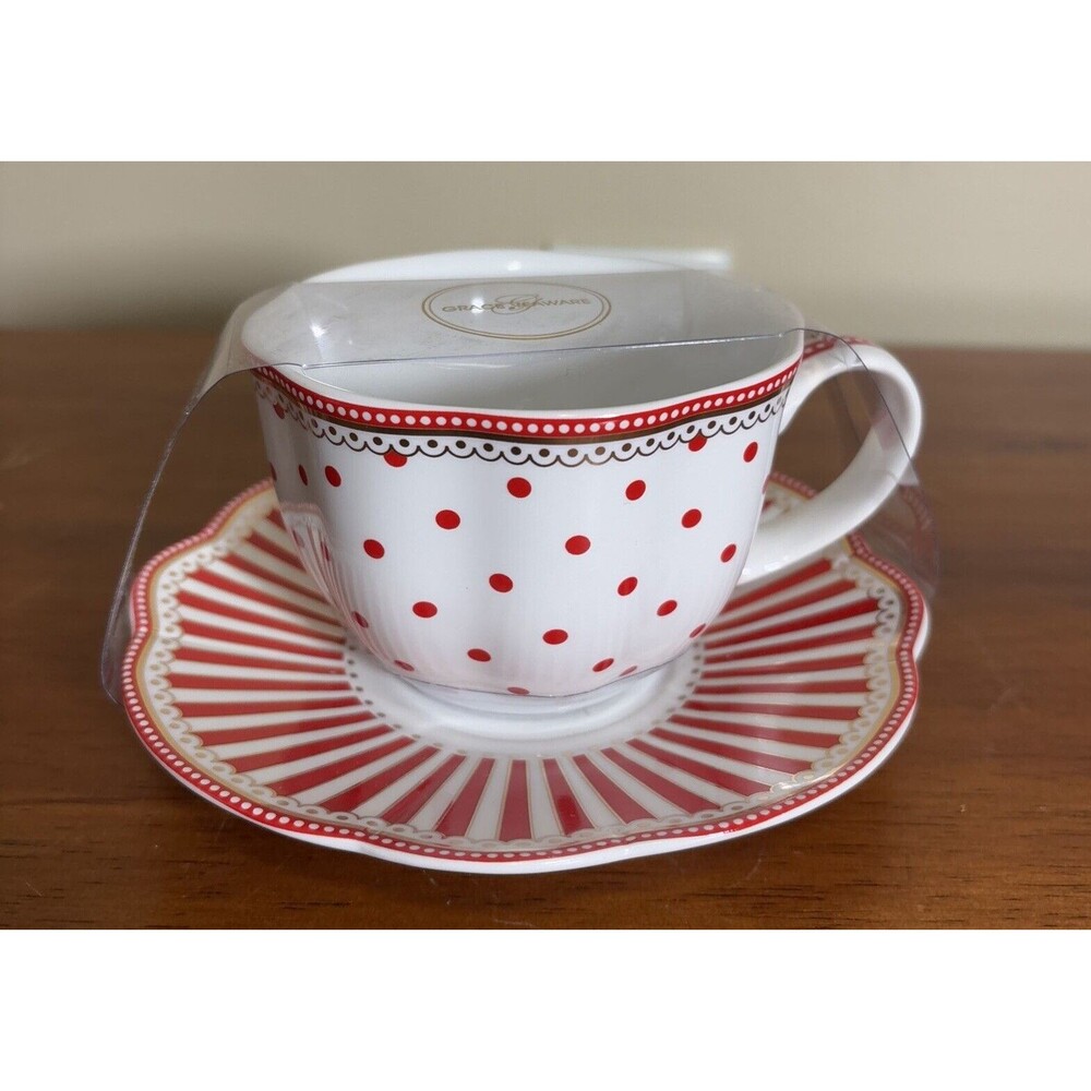Grace Teaware Red Polka Dots and Stripes Tea/Coffee Cup and Saucer Brand New
